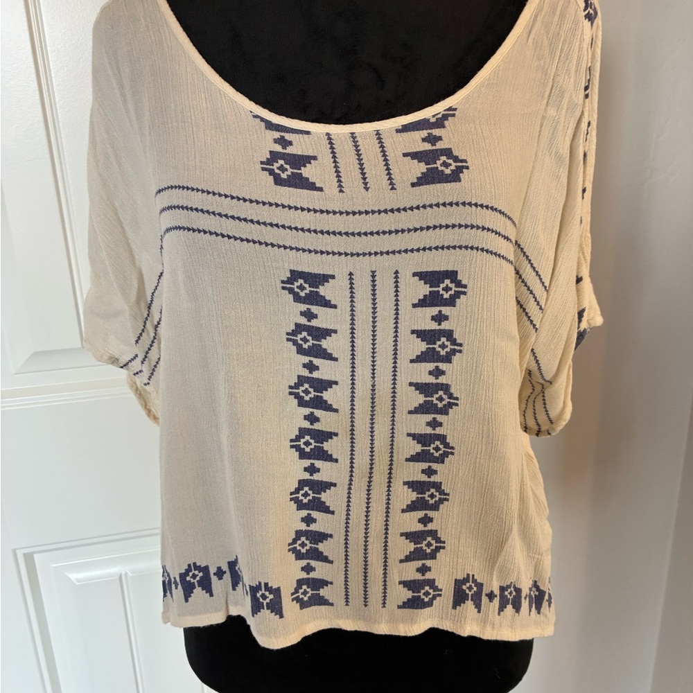 Ecco Cream and Navy Patterned Blouse